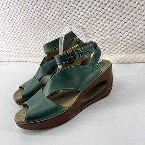 Fly London Dark Green Leather Cutout Wedge Sandals